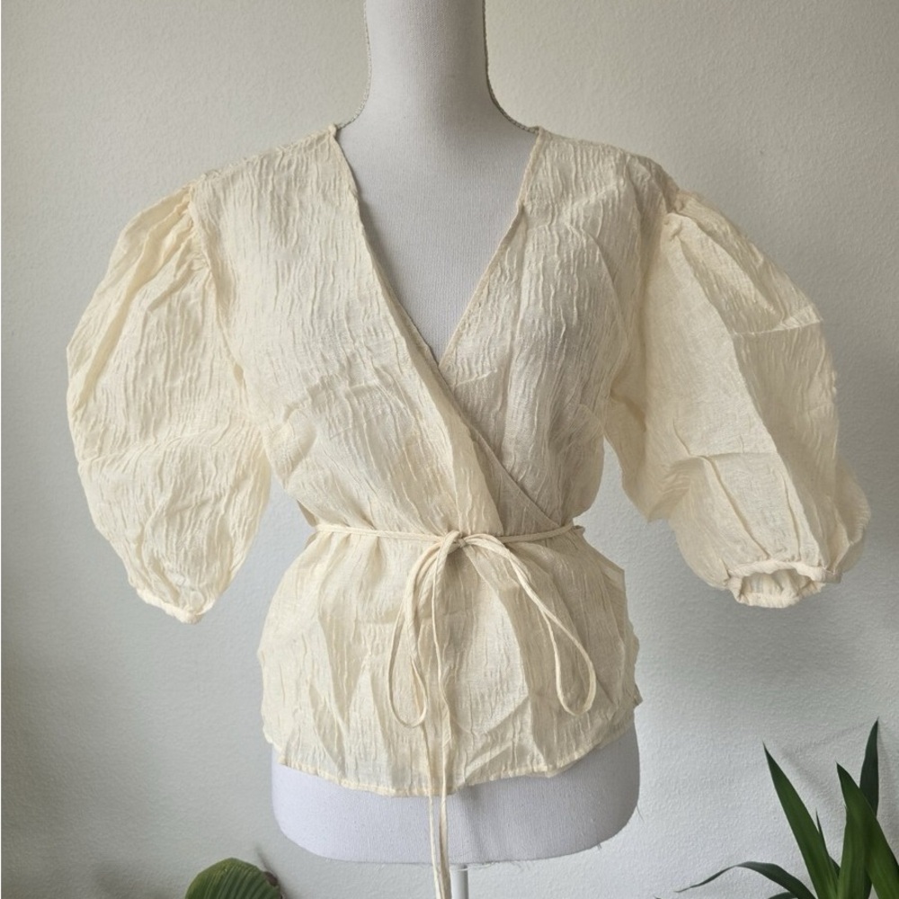 H&M Cream Wrap Top with Puff Sleeves